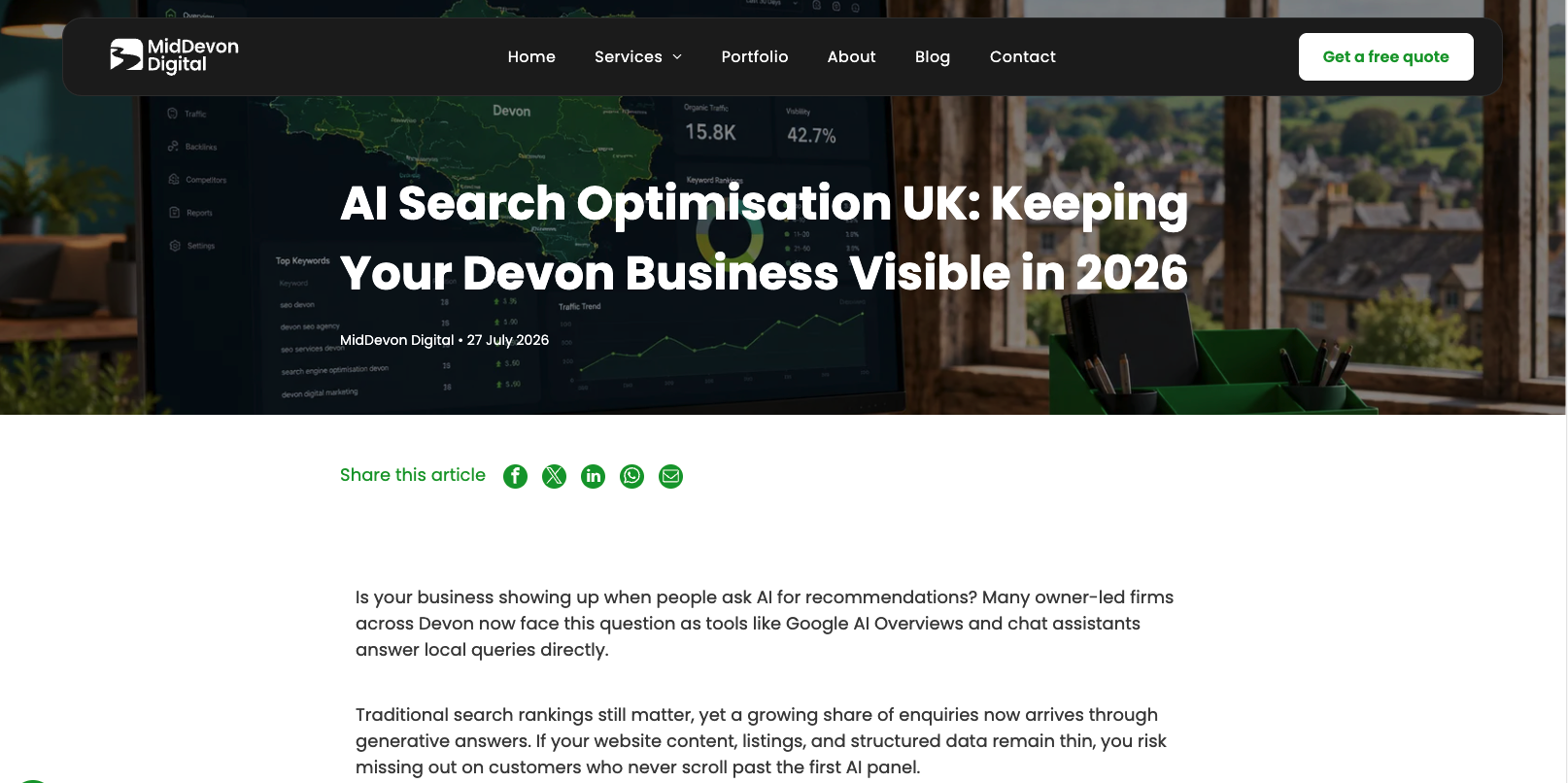 MidDevon Digital published article: AI Search Optimisation UK: Keeping Your Devon Business Visible in 2026